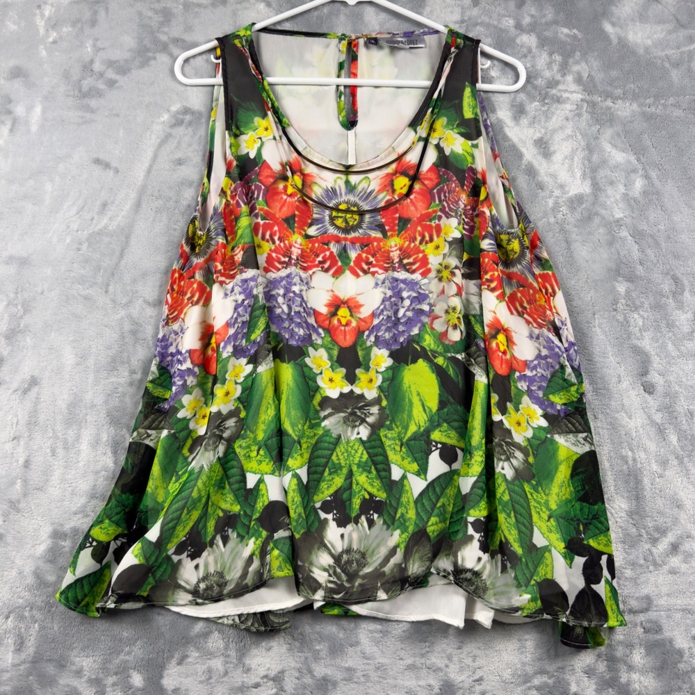 Jennifer Lopez Tropical Floral Chiffon Blouse Gold Bar Neck Sleeveless Top L